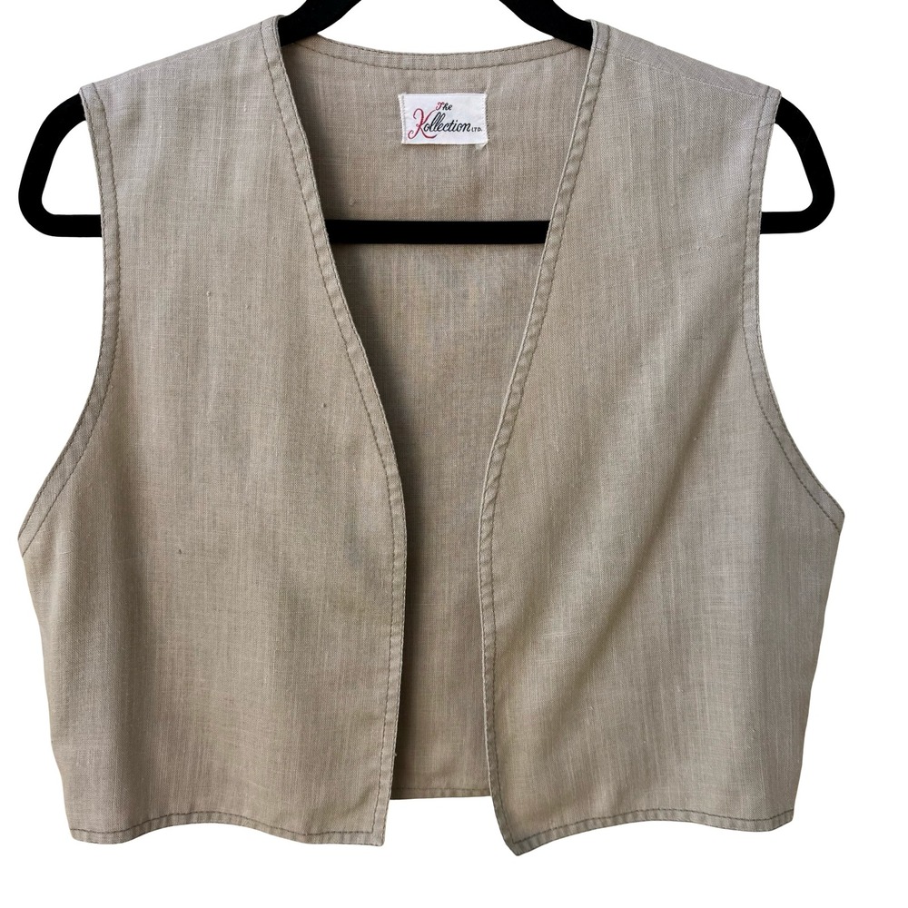 The Kollection Ltd Vintage 70s Beige Linen Open Front Cropped Vest Womens Tan